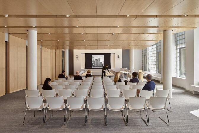 Photo of public hearing room of NYC Landmarks Preservation Commission designed by MBB Architects