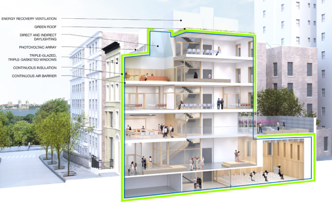 Diagram of sustainability features in MBB Architects’ design for the Eric H. Holder Initiative at Columbia University