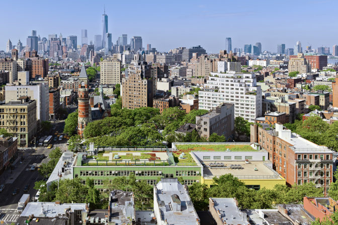 Aerial view of Public School 41 green roof in Manhattan designed by MBB Architects