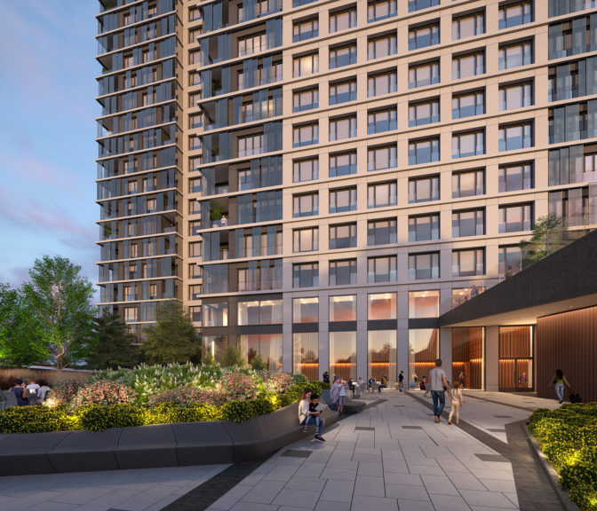 Rendered view of residential tower at Garitage Park, designed by MBB Architects