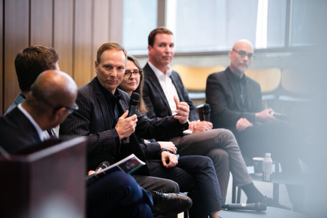 A photo of a panel discussion at University of Virginia's "Climate Transformations" symposium featuring MBB partner Jeffrey Murphy