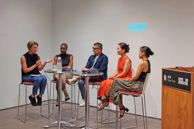 Photo of MBB Architects Partner Sara Grant moderating a panel discussion