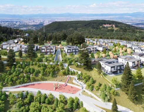Aerial rendering of Bistritsa Villas residential community plan by MBB Architects with RKLA and Studio Morphe