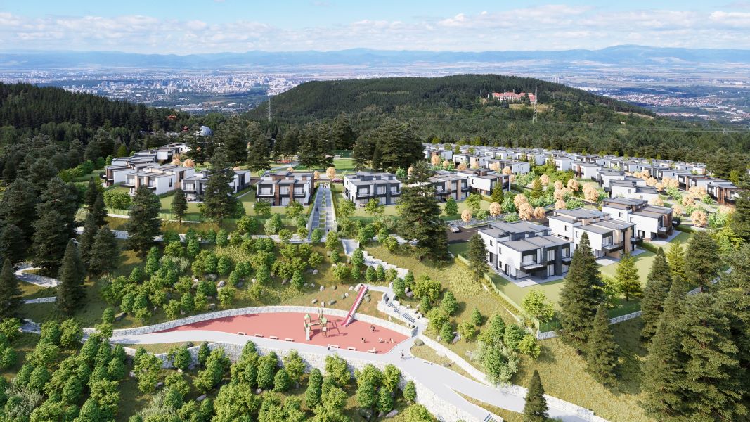 Aerial rendering of Bistritsa Villas residential community plan by MBB Architects with RKLA and Studio Morphe